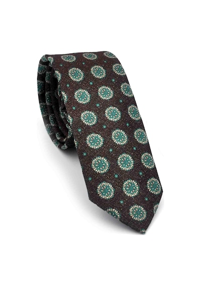 Gaffy Yeşil Bej Yuvarlak Desenli Kahverengi Dokuma Kumaş Mendilli Slim Fit Kravat // Sdk-250206 Kahverengi