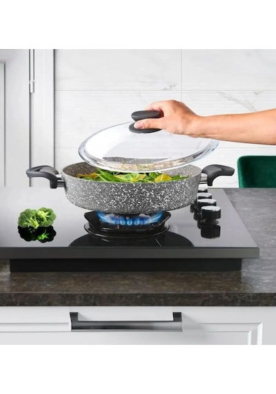 Diez 28 Cm Granit Basık Tencere Gri Yapışmaz Karnıyarık & Pilav Tenceresi Cam Kapaklı