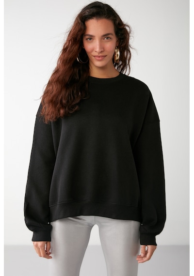Grimelange Vaneltına İçi Polarlı 3 İplik Organik Pamuk Oversize Basic Bisiklet Yaka Kadın Sweatshirt - Siyah