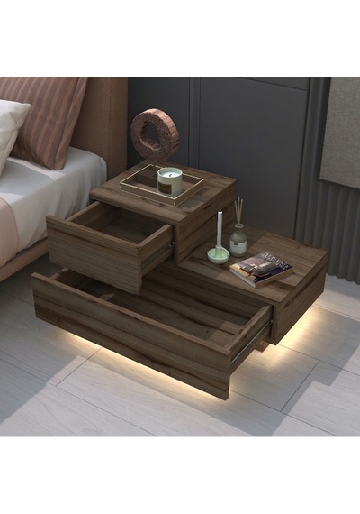 Kayra Kmd002 Led Işıklı Komodin 2 Çekmeceli Modern Tasarım Antik Ceviz