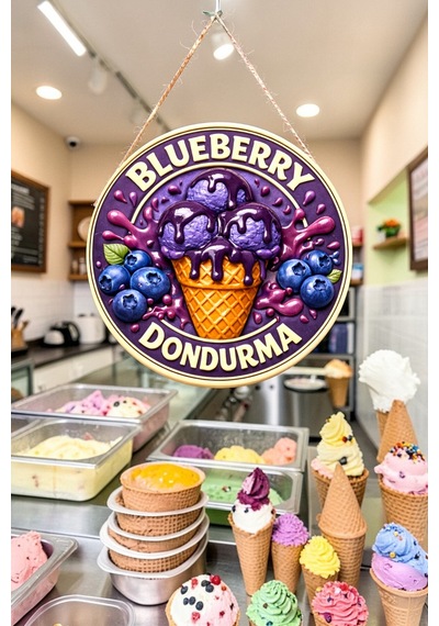 Blueberry Dondurma Görselli Ahşap İpli Kapı Duvar Süsü Renkli Cafe Duvar Panosu