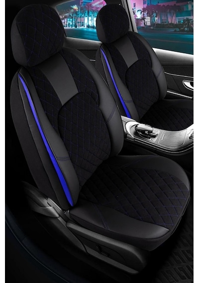 Tr Chevrolet Aveo Sedan İle Uyumlu Lüx Yarı Deri Oto Koltuk Kılıfı Ön Arka Takım Chester Siyah Mavi Genel