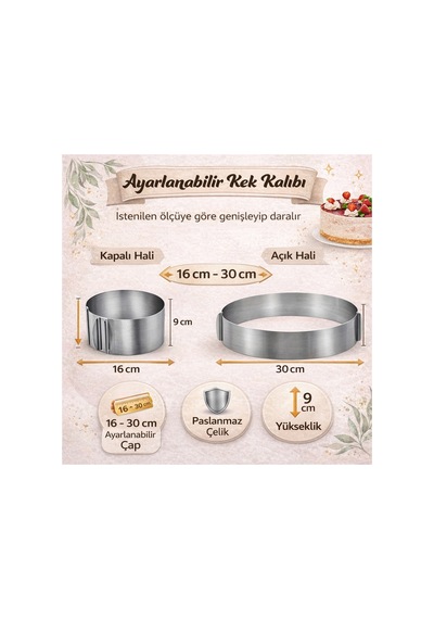 16-30 Cm Arası Ayarlanabilir Kek Kalıbı,paslanmaz Çelik Pasta Çemberi,profesyonel Pasta Kalıbı Gümüş Inox