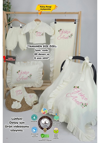 Gros Shop Müslin Yeni Doğan 4katlı Organik %100pamuk Kişiye Özgü Nakışlı Hastane Çıkış Seti Güllü Model-2 Ekru-1