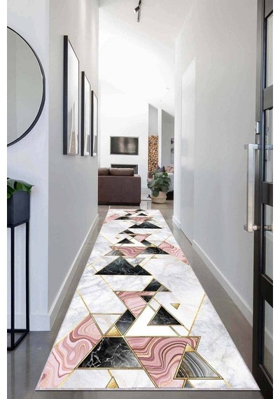 Pembe Gold Kaymaz Geometrik Özel Ölçü Rulo Yolluk Ar451n11 Gold - Pembe