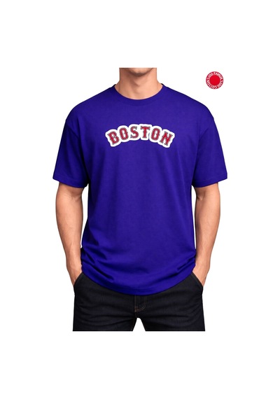 Kırmızı Boston Baskılı Saks Mavi Oversize Tişört - %100 Pamuk Saks Mavi