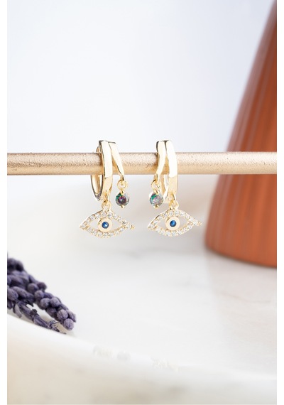 Nereze 925 Ayar Gümüş Gold Mistik Topaz Taşlı 12 Mm Göz Küpe
