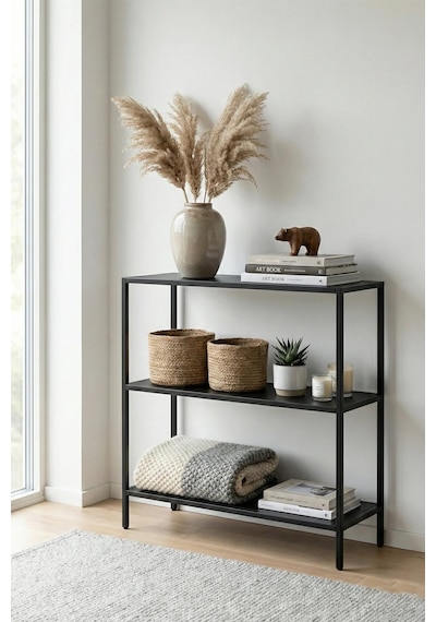 Vesta Modern Tasarım 3 Raflı Siyah Metal Kitaplık & Dekoratif Konsol Ahşap - Siyah Vesta Modern Tasarım 3 Raflı Siyah Metal Kitaplık & Dekoratif Konsol Ahşap - Siyah