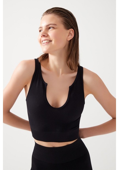Los Ojos Kadın Siyah Askılı Fitilli Crop Top Büstiyer Scoop Siyah