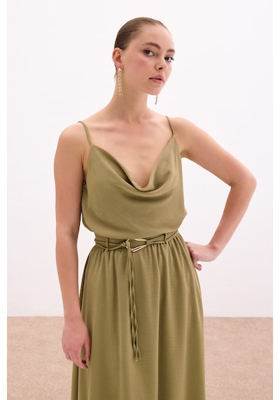 Sateen Degaje Yaka Dökümlü Bluz - Haki-136057 Haki