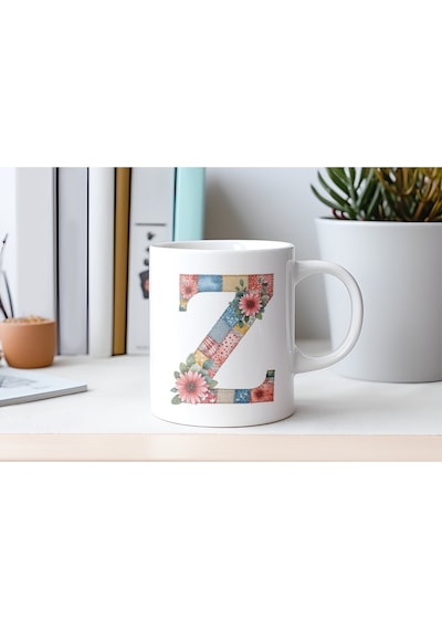 Z Harfli Retro Çiçekli Kupa Bardak - Patchwork Tarz Yamalı Desenli İsme Özel Kupa - Hediye 07 Beyaz
