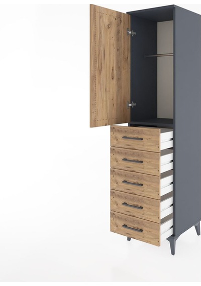 Hyperion Dolap Tek Raflı 5 Çekmeceli Tek Askılı 44x44x182 Ant... Antrasit