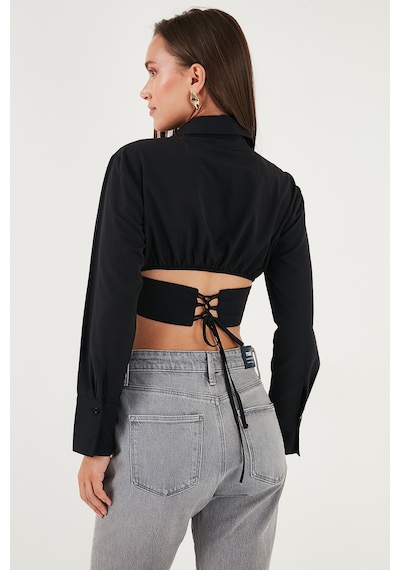 Lela Fitted Fit Pamuklu Korse Detaylı Uzun Kollu Crop Bayan Gömlek 611Go00376 Siyah