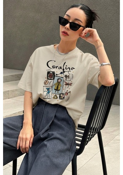 Uyguntarz Unisex Carolıne Baskılı Tasarım Tshirt Bej