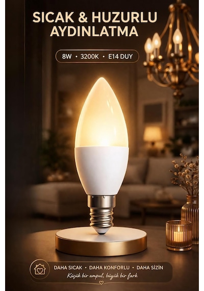 Tr 8w Led Ampul, E14 Duy, 3200k Sıcak Işık, Mum Tipi Genel