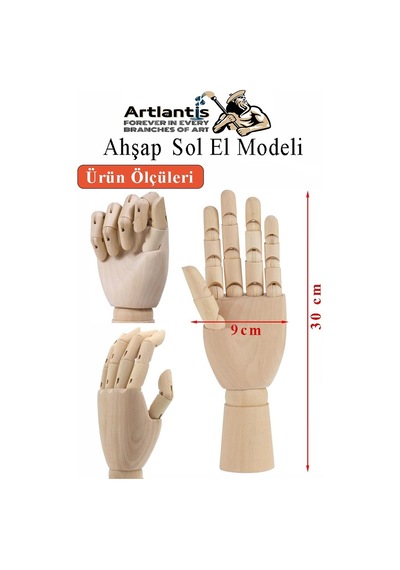 Ahşap Sol El Modeli 30 Cm 1 Adet Sol El Maketi Erkek Ahşap Manken Sol El Parmak Model Hareketli Esnek Eskiz Çizim Boyama