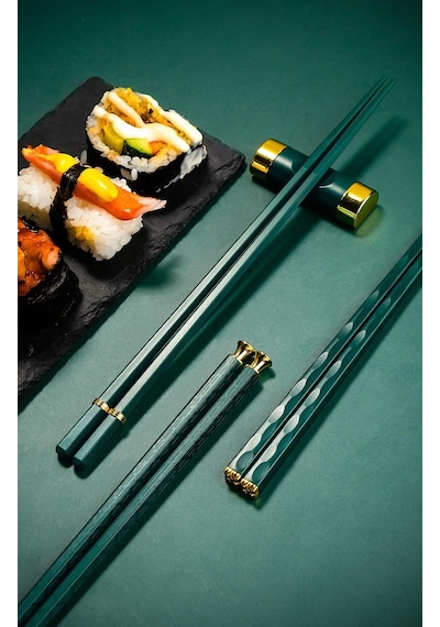 Valkyrie 5 Çift Yemek Çubuğu Seti 24,3 Cm Japon Kore Sushi Chopsticks Lüks Altın Detaylı Yeşil