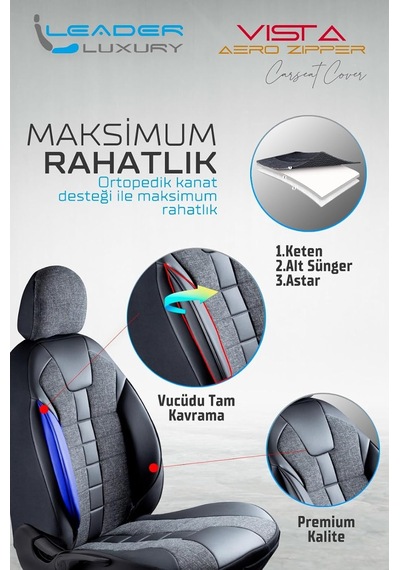 Renault Duster İle Uyumlu Lüx Deri Detaylı Keten Oto Koltuk Kılıfı Ön Arka Takım Vista Serisi Siyah