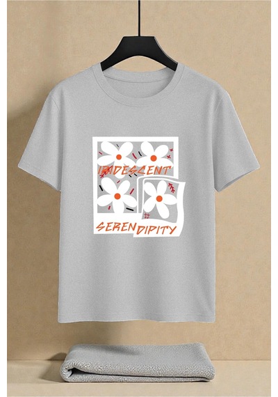 Uyguntarz Unisex Irıdes Serenıty Baskılı Tasarım Tshirt Gri