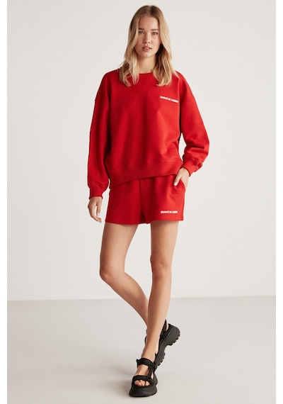 Grımelange Jennıfer Kadın Organik Pamuklu Nakışlı Yuvarlak Yakalı Oversize Kırmızı Sweatshirt