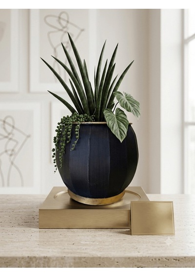 Panalı Metal Siyah Dekoratif Saksı Büyük 37 X 31 Cm