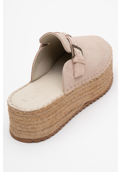 Luvishoes Novas Bej Süet Hakiki Deri Burnu Kapalı Hasır Dolgu Taban Terlik Bej