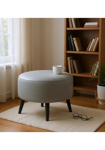 Waterybrook Suni Deri Puf Large - Siyah Ahşap Ayaklı - Retro Modern Tasarım - Dekoratif Sehpa Gri