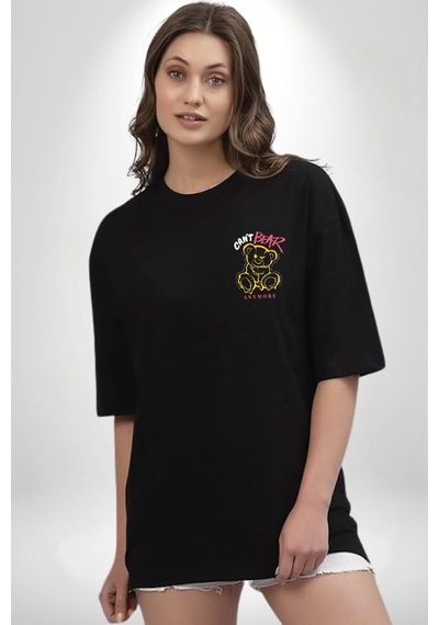 Daha Fazla Dasol Yanamıyorum Teddy Siyah Oversize Unisex Ön Sol Yan Minimal Baskılı Tişört Koyu Siyah