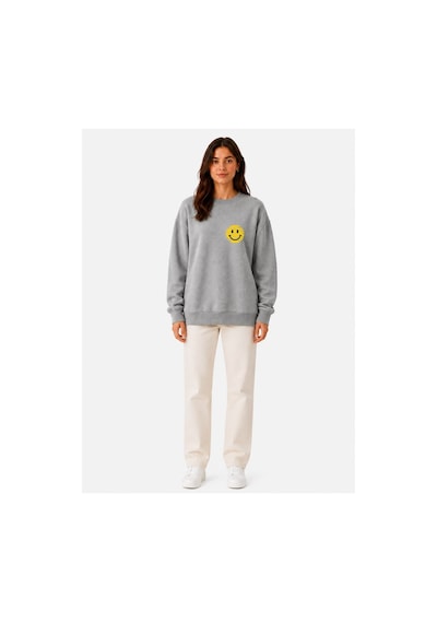 Herkesemoda Emoji Baskı Detaylı Şardonlu 2 İplik Bisiklet Yaka Sweatshirt Gri