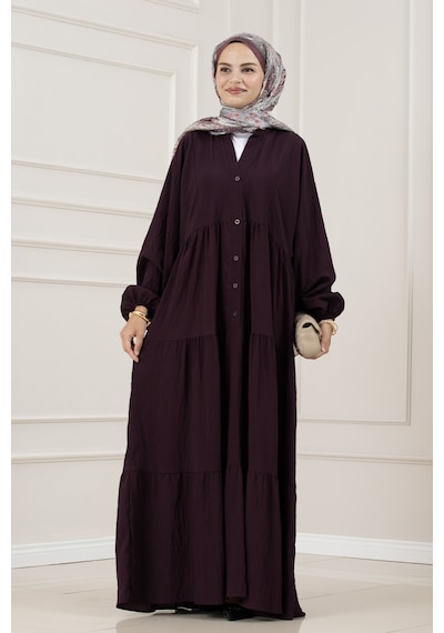 Sevitli Lilyum Kumaş Robalı Katya Elbise-mürdüm-5852
