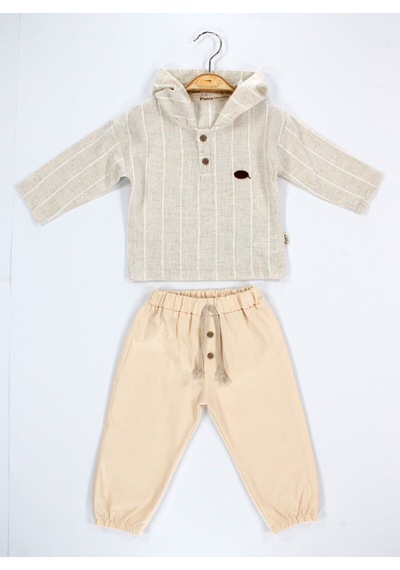Babyhola Erkek Bebek Bayramlık Takım Müslin Kumaş Kapüşonlu Üst Ve Pantolon Set 2219 Ekru