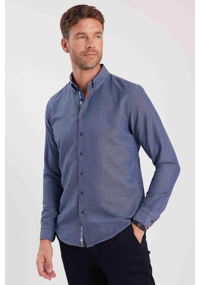 Tudors Erkek Slim Fit Dar Kesim Uzun Kollu Pamuklu Oxford Doku Lacivert Düğmeli Yaka Gömlek-15029 Lacivert