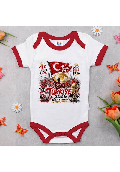 Bk Gift Türkiye Taraftar Temalı 2026 Dünya Kupası Tasarımlı Kırmızı Bebek Body Zıbın-8 Tek Yürek Milli Takım Ruhu