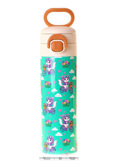 Kaukko Kids 520 Ml Bisikletli Kedi Baskılı Yeşil Kız Çocuk Çelik Termos Matara Çift İçim Kilitli Kapak - L5331