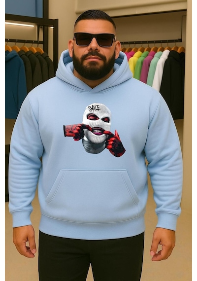 Benroma 3 İplik Penye Maske Baskılı Büyük Beden Sweatshırt Bebe Mavisi