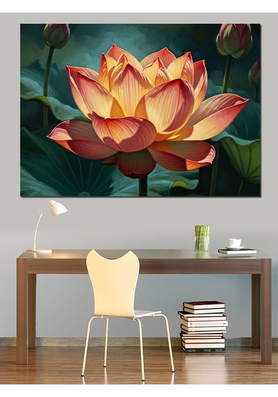 Ahşap Tablo Turuncu Lotus Çiçeği Su Üstünde Dekoratif Tablolar