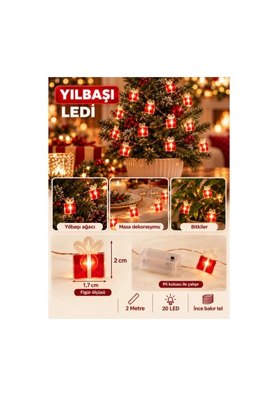 Yılbaşı Hediye Paketi Figürlü Led Işık 2 Metre Pilli Süsleme Ledi 20 Led Oda Masa Ağaç Dekoratif Süs
