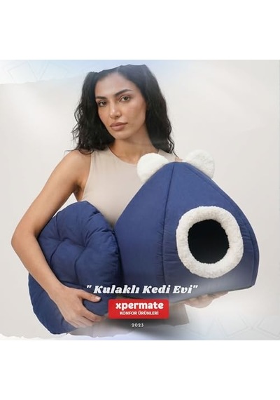 Xpermate Kedi Evi Kapalı Kedi Yatağı Çıkarılabilir Minderli Kedi Yuvası Lacivert