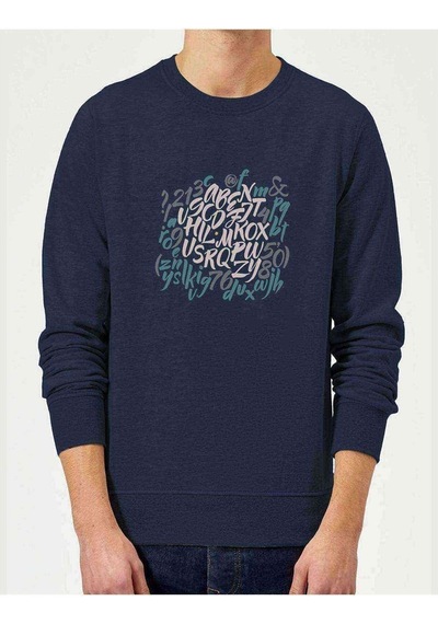 Graffiti Letter Baskılı Indigo Erkek Örme Sweatshirt