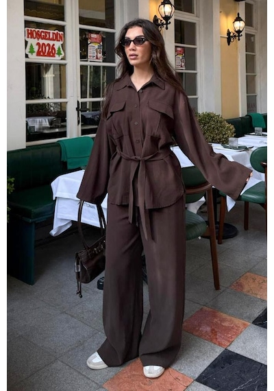 Seeh Kahverengi Uzun Kollu Oversize Kadın Takım Sh338 Standart