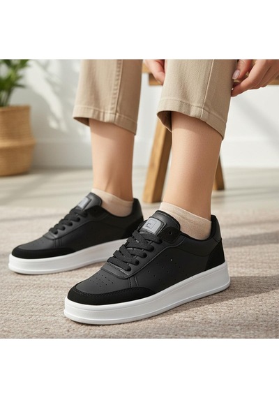 Papatay 1011 Hazır Taban Unisex Spor Ayakkabı Bağcıklı Rahat Sneaker SİYAH-BEYAZ