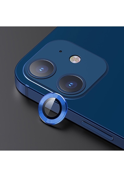Usams Apple Uyumlu iPhone 12 - 12 Mini 3D Metal Çerçeveli Kamera Lens Koruyucu Mavi