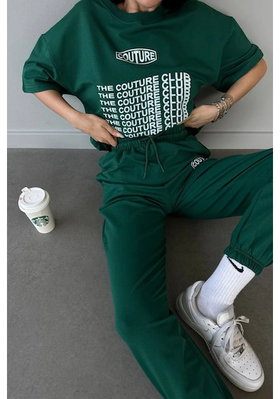 Couture Club T-shirt Eşofman Altı Jogger- Yeşil Baskılı Alt Üst Eşofman Takım Oversize Bisiklet Yak Yeşil