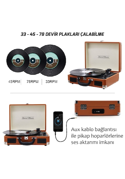 Record Master T310CH Pikap Plak Çalar - Şarj + Bluetooth - 33, 45, 78 Devir - Universal Iğneli - Kahverengi