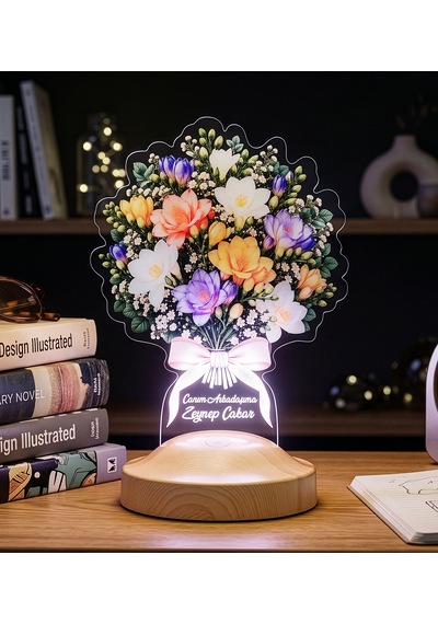 Renkli Frezya Çiçeği Buketi Led Lamba Kadına İsimli Doğum Günü Hediyesi, Işıklı Çiçek Buketi, Arpa Çiçeği Buketi