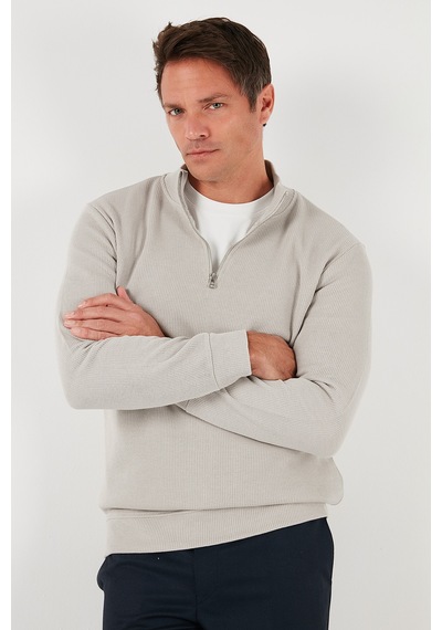 Buratti Pamuklu Relaxed Fit Yarım Fermuarlı Sıfır Yaka Örme Erkek Sweat 5901076 Taş