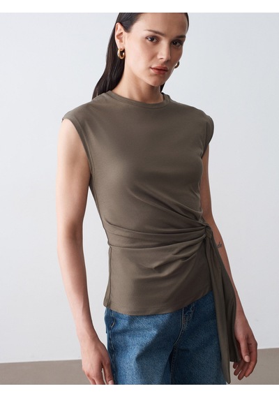 Dilvin 32724 %100 Pamuk Bağlama Detaylı T-shirt-haki