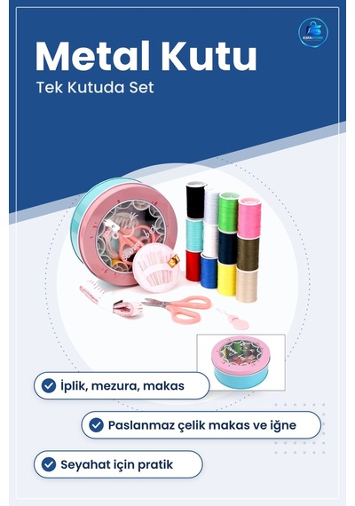 Dikiş Makinesi Aksesuarı Metal Kutulu Set İplik Mezura Tekstil Ma
