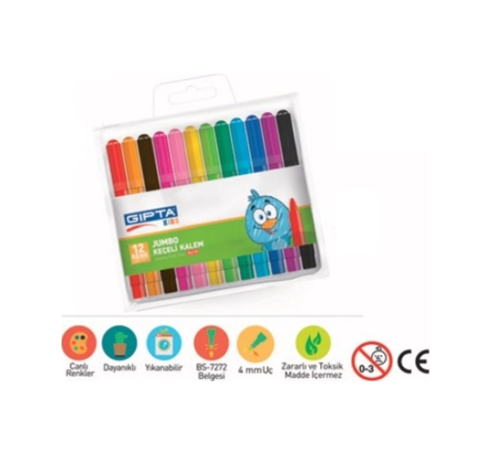 Jumbo Keçeli Boya Kalemi Pvc Zip Çanta 12 Renk K4101