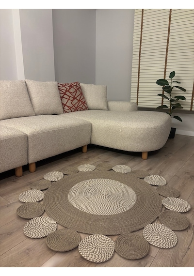 Mavaux Taş Kırçıllı Jüt Hasırlı Kırçıllı El Örgüsü Kilim Halı Hasır Yuvarlak Taş